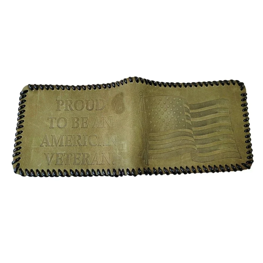 PROUD TO BE AN AMERICAN VETERAN! Handmade Gray Leather Billfold Wallet Bifold